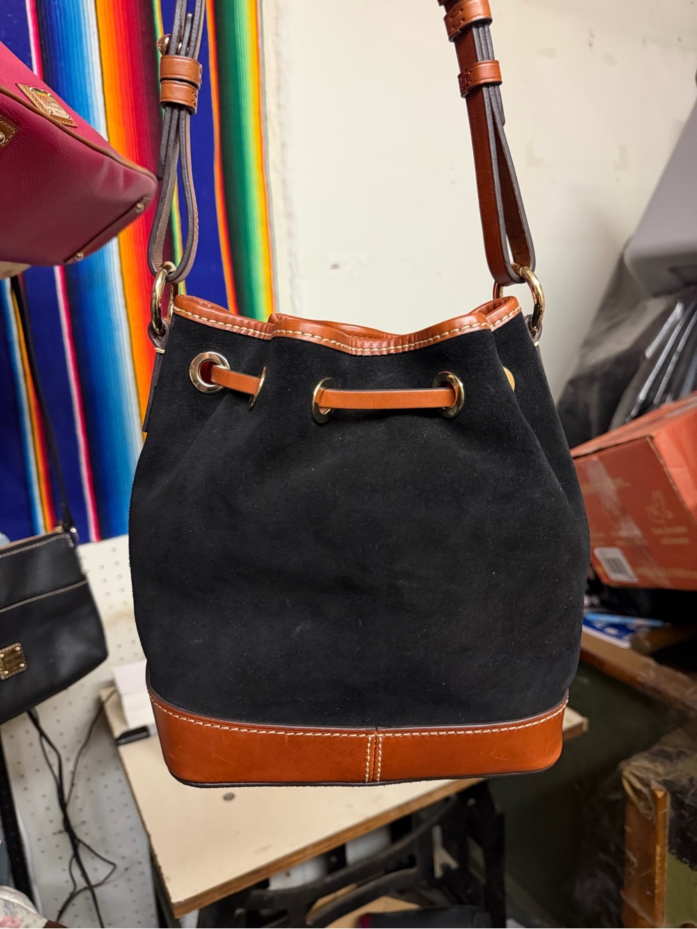 Dooney & Bourke Small Black Suede Bucket Bag with Tan Leather Trim - Picture 9 of 15